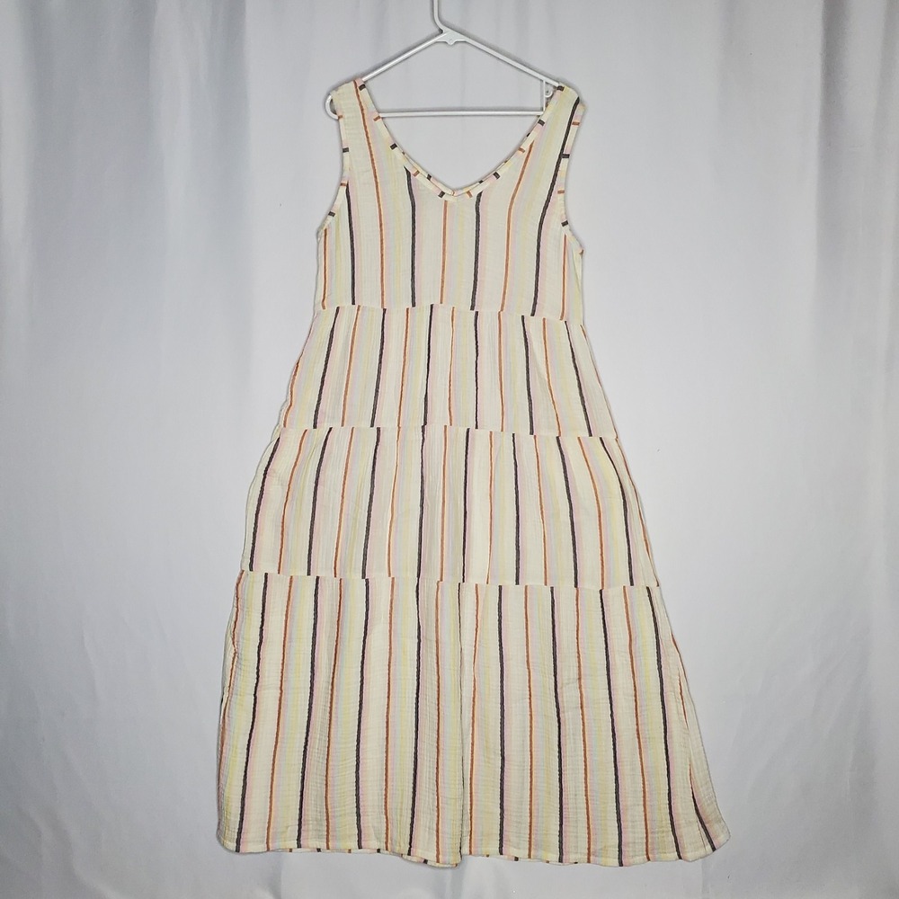 Natural Reflections Dress Medium Tier Gauze Cotton Stripe Sleeveless Maxi Pocket